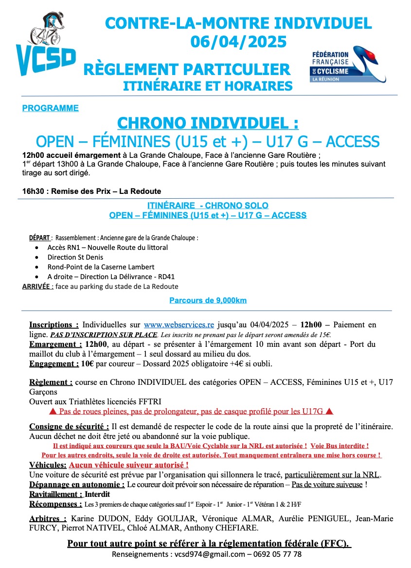 CLMI GRANDE CHALOUPE CHRONO SOLO GENERAL REGLEMENT ITINERAIRE ET HORAIRES 2025