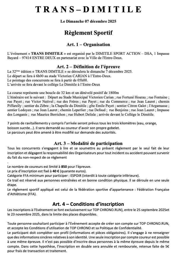 REGLEMENT Trans Dimitile La Randonnee DSA 2025