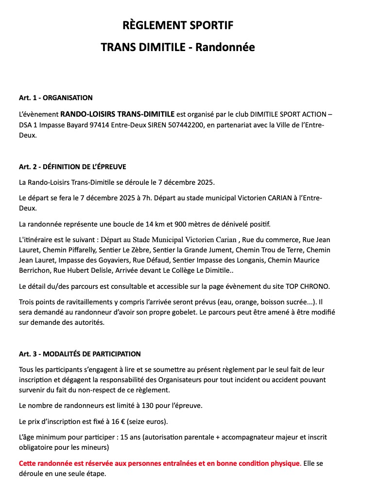 REGLEMENT Trans Dimitile La Randonnee DSA 2025