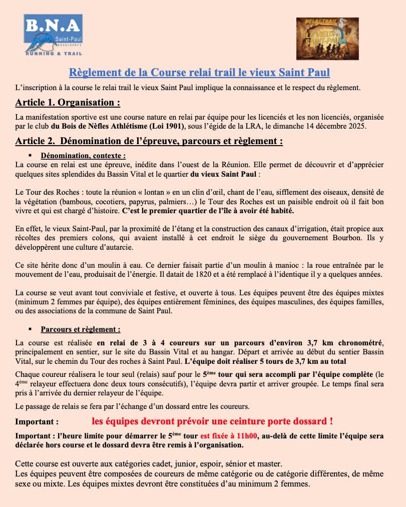 REGLEMENT Relai Trail Vieux St Paul BNA